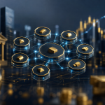 Ilustração editorial de ações tokenizadas circulando em uma rede blockchain ao lado de elementos abstratos do mercado financeiro