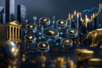Ilustração editorial de ações tokenizadas circulando em uma rede blockchain ao lado de elementos abstratos do mercado financeiro