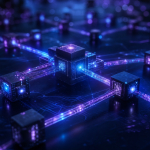 Ilustração abstrata de uma rede blockchain sendo atualizada, com blocos digitais conectados e nós de validação.