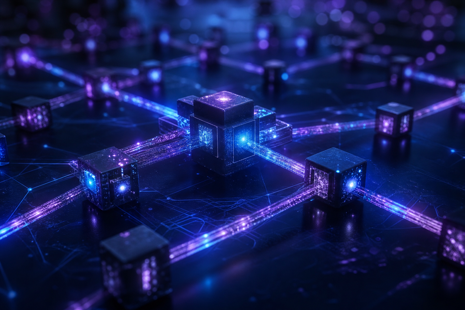 Ilustração abstrata de uma rede blockchain sendo atualizada, com blocos digitais conectados e nós de validação.
