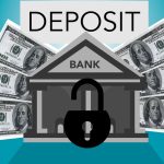 Ilustração de um banco com cadeado sobre cédulas de dólar e a palavra “Deposit” em fundo azul.