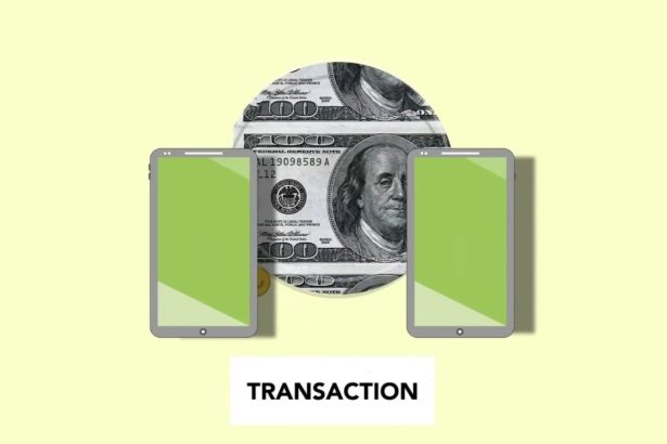 Ilustração isométrica de transferência de dinheiro entre celulares, representando pagamentos digitais.