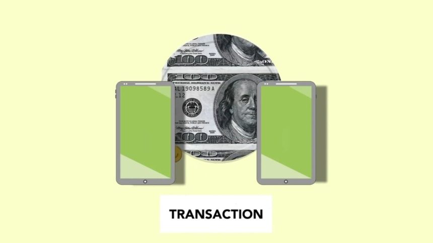 Ilustração isométrica de transferência de dinheiro entre celulares, representando pagamentos digitais.