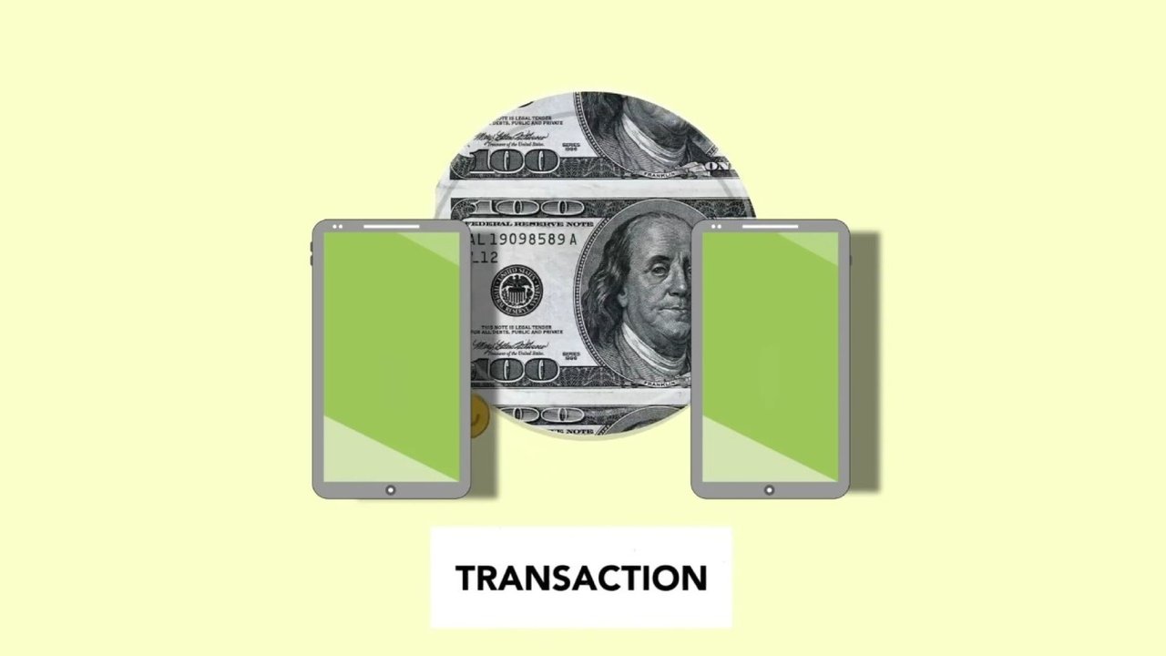 Ilustração isométrica de transferência de dinheiro entre celulares, representando pagamentos digitais.